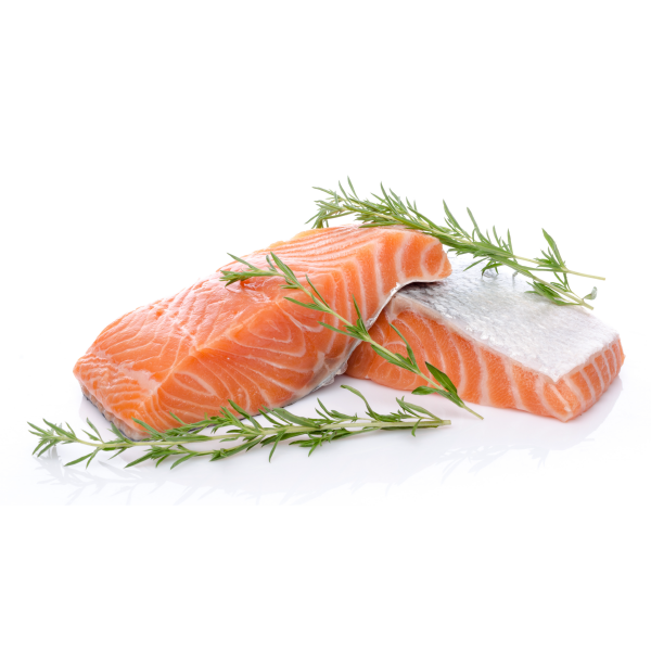 Raw salmon and thyme on a white background
